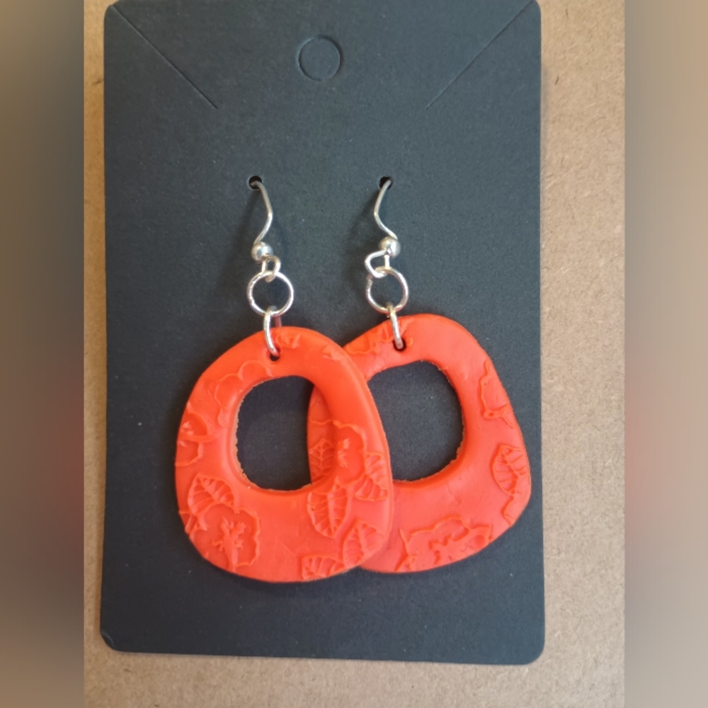 Bold Orange Handcuff Polymer Clay Floral Print NWOT Earrings